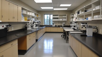 Modern lab interior, microscopes on countertops, window view, research facility