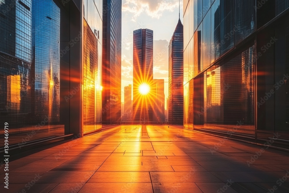 Poster sunset illuminating city buildings with golden light pouring through empty streets generative ai