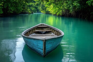 Obraz premium Wooden blue boat drifting near lush mangrove shoreline, capturing serene tropical waterway landscape with tranquil wilderness atmosphere
