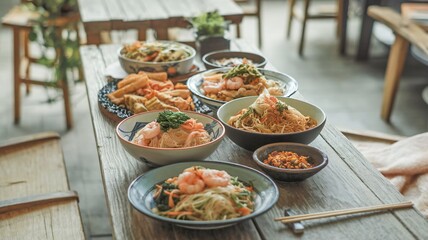 An inviting spread of diverse Asian dishes featuring noodles and seafood, beautifully arranged on a rustic table.