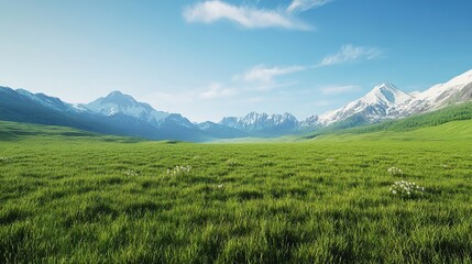 Fototapeta premium Serene Austrian Landscape with Vibrant Green Meadow and Majestic Mountains Under Clear Blue Sky, Ideal Sunny Summer Day Scenery