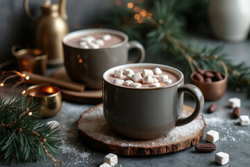 two mugs of rich hot chocolate topped with mini marshmallows creating a warm and cozy winter scene