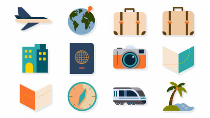 Travel Icons Set: Airplane, Globe, Luggage, Passport, Camera, Map, Compass, Train, Beach Vector Illustrations for Travel Planning and Adventure Themes
