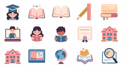 Education Vector Icon Set for Learning and Schooling Concepts, Including Books, Students, Certificates, and Online Learning Elements