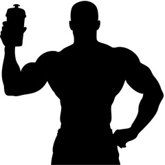 Naklejka premium Silhouette of a muscular man holding a protein shaker, showcasing fitness and nutrition concept