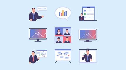 Fototapeta premium Vector Icon Set for Remote Work, Business Meetings, Data Analysis, Team Collaboration, and Digital Communication Graphics