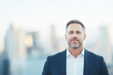 Fototapeta premium confident sales professional stands against blurred urban backdrop