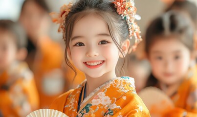 Smiling Girl in Orange Kimono with Soft Lighting and Shallow Depth of Field