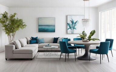Modern, light, open-concept living and dining area with neutral tones, teal accents, and statement art.