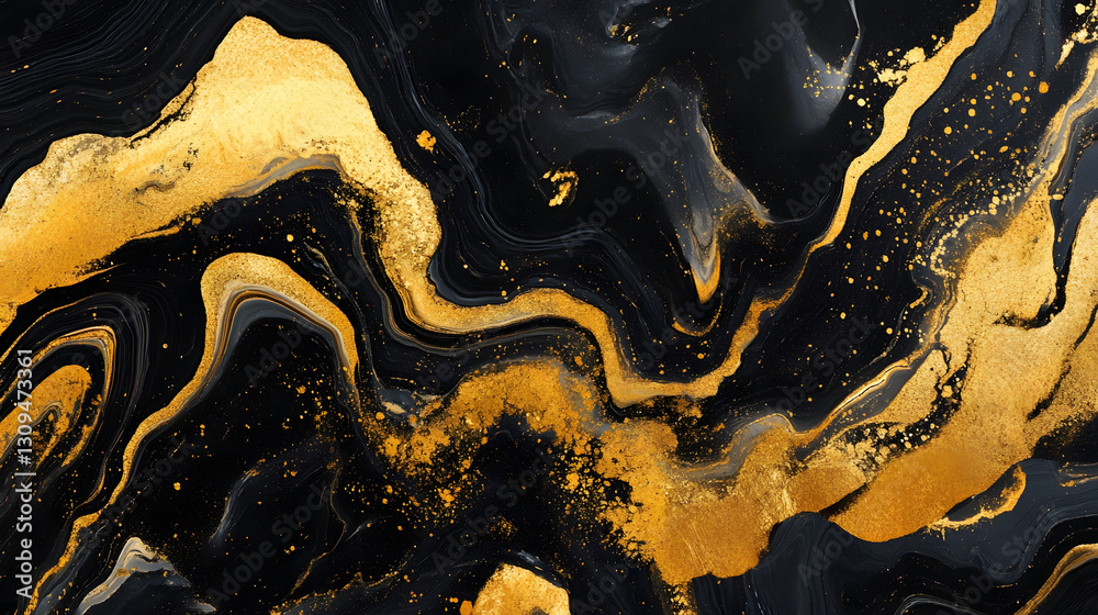 Poster Mesmerizing black and gold fluid art abstract with swirling cosmic textures and dynamic irregular patterns  This striking and captivating digital has a sophisticated