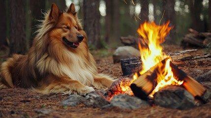 Naklejka premium Dog relaxing by campfire in forest, peaceful evening scene