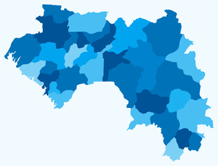 Map of Guinea with regions. A simple country border map with regional divisions. Light blue color palette. Flat Guinea shape with administrative division. Vector illustration.