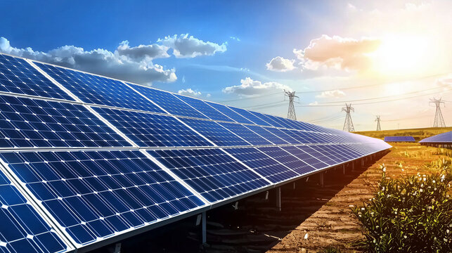 Solar farm in a sunlit landscape with photovoltaic panels