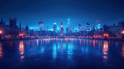Naklejka premium London skyline at night, reflected in still water
