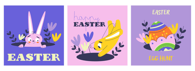 A set of three vibrant Easter posters featuring playful bunnies and colorful decorated eggs. Ideal for festive greeting cards, holiday decorations, and seasonal promotional materials