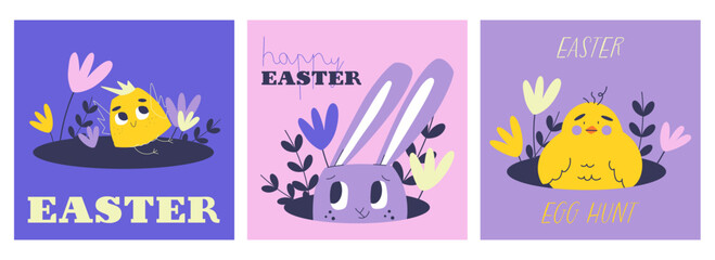 Set of three Easter-themed posters featuring a bunny, a chick, and a playful egg hunt scene. Designed in pastel colors with floral elements, perfect for holiday greeting cards and decorations