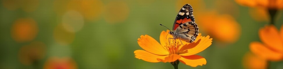 Obraz premium Painted lady butterfly feeding on bright orange cosmos flower, blossom, painted lady, close-up