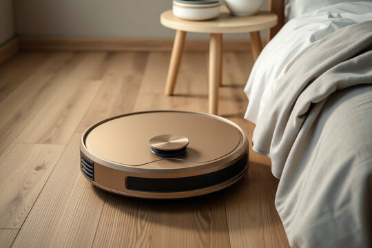 metallic gold robotic vacuum cleaner on a light brown hardwood floor