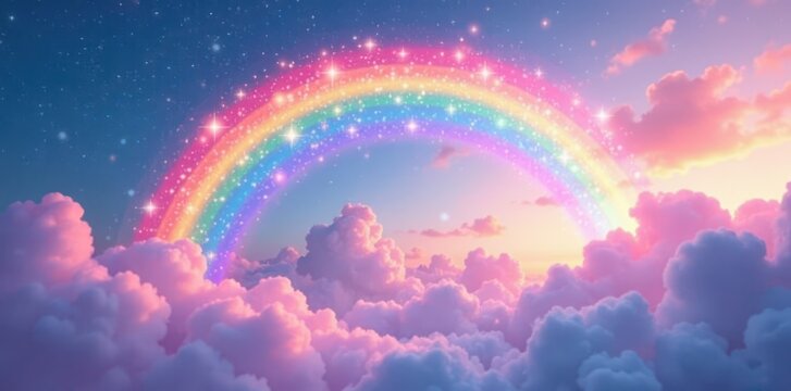 Pastel rainbow arc, twinkling stars on soft clouds, art, design