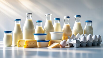 Fresh dairy products and eggs arranged on a kitchen counter with sunlight illuminating the space