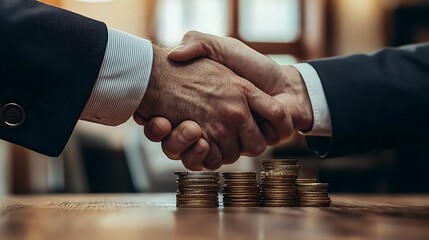 Business handshake over stacked coins