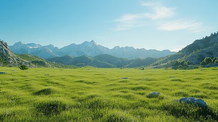 Obraz premium Serene Austrian Landscape with Vibrant Green Meadow and Majestic Mountains Under Clear Blue Sky, Ideal Sunny Summer Day Scenery