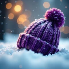Purple knit hat, snowy scene, soft snowfall, twinkling lights , image, warm