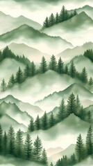 Fototapeta premium Misty Mountain Illustration: Green Forest Landscape