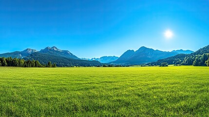 Fototapeta premium Serene Austrian Landscape with Vibrant Green Meadow and Majestic Mountains Under Clear Blue Sky, Ideal Sunny Summer Day Scenery
