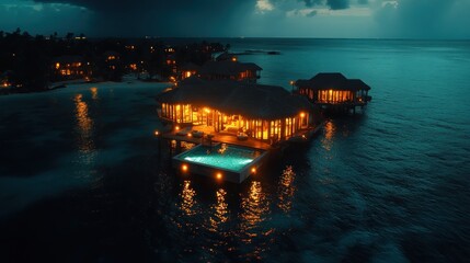 Obraz premium Luxurious overwater bungalows at night, Maldives