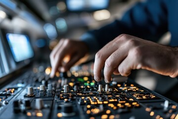 Fototapeta premium A close-up view captures hands skillfully operating a cockpit control panel, showcasing precision and focus essential for flight operations in an aircraft cockpit.