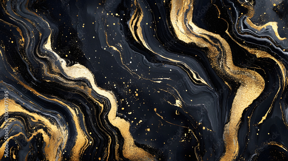 Poster Mesmerizing Cosmic Marble Fluid Golden and Black Patterns Flowing through the Universe Captivating Abstract Art with Shimmering Glittering Textures and Ethereal Cosmic Vibes