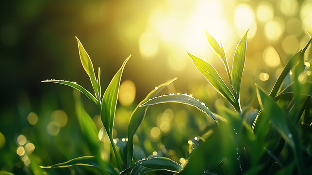 A serene morning meadow with dewdrops and sunlight