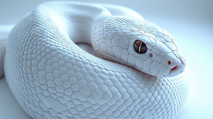 Albino Snake Coiled Head Raised, Scales Close-up, Neutral Background, Elegant Serpent Reptile