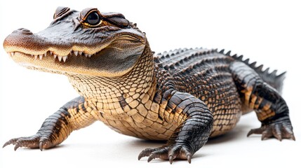 Fototapeta premium Alligator standing, posing in white studio environment looking away, showcasing scales