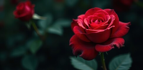 Single red rose, velvet petals, dark garden backdrop, blooming, floral