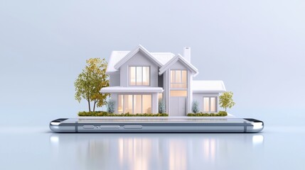 Booking a dream home online: smartphone displaying a stunning 3D house model in a tech-inspired real estate app.