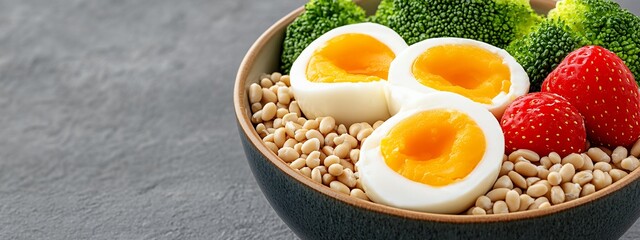 Close Up View of a Healthy Breakfast Bowl with Hard Boiled Eggs, Broccoli, and Strawberries