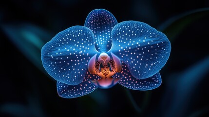 Blue Orchid close up view on a dark background, detail of a blossom, macro shot
