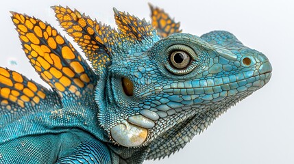 Fototapeta premium Blue iguana portrait facing right on plain white background showcasing scales and crest
