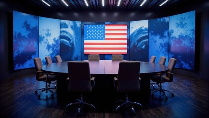 A conference room with large screens displaying the U.S. flag, symbolizing diplomatic negotiations