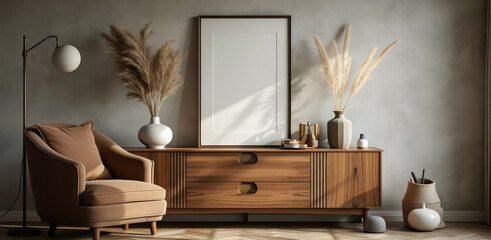 beige armchair and wooden sideboard with pampas grass in a mid-century modern interior