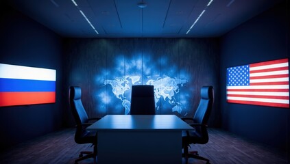 A conference room with large screens displaying Russian and U.S. flags, symbolizing diplomatic negotiations