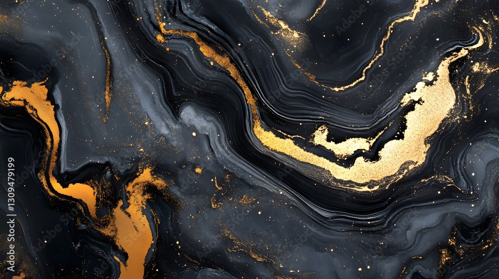 Aufkleber Mesmerizing Cosmic Swirls of Abstract Fractal Patterns in Glowing Gold and Black  Captivating dynamic and fluid designs with intricate ethereal