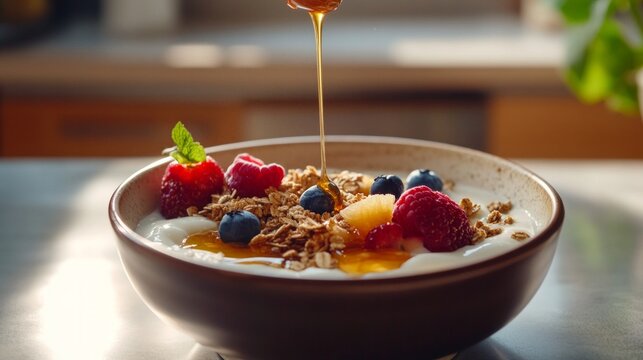 Fresh granola yogurt bowl with mixed berries and honey for a nutritious breakfast - Powered by Adobe