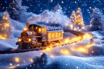 Christmas train on snowy track with lights.