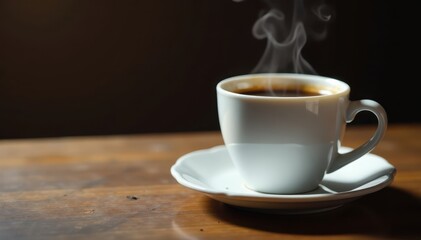 Steam rising from dark coffee in white mug, beside empty plate , food, plate, still life