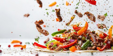 Sizzling fajitas with colorful peppers mid-air on a clean white background