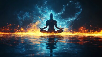 Silhouetted figure meditating amidst fire and ice.