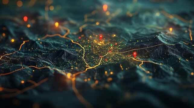 Digital Map with Location Pin and City Lights, A digital map with a red location pin in focus, surrounded by blurred city lights